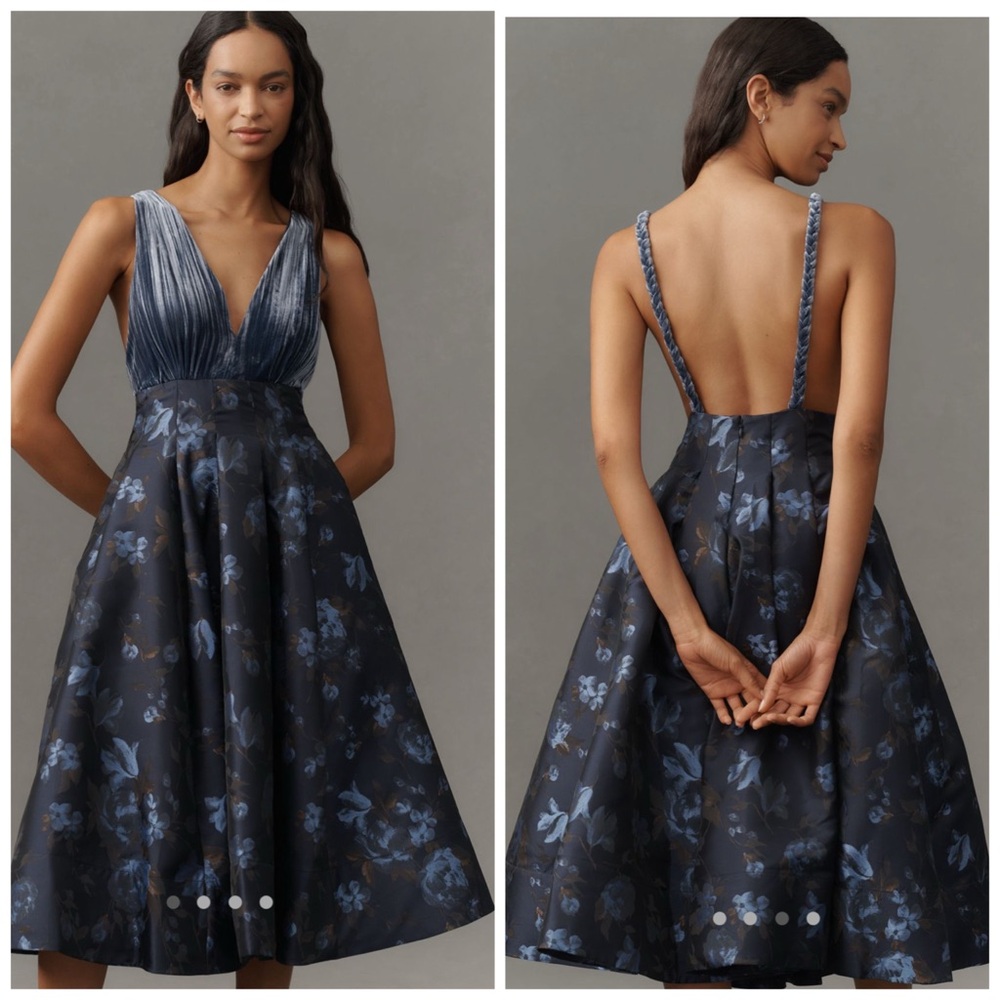 Anthropologie Maeve V Neck Velvet Jacquard Midi‎ Dress Blue Floral 6 Petite
